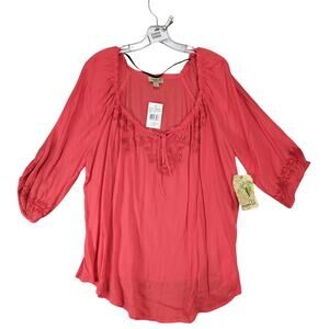 NWT One World Coral Peasant Blouse Top Women's Plus Size 2X Rhinestone Puff Slv